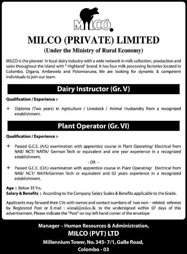 Dairy Instructor, Plant Operator - Milco (Pvt) Ltd